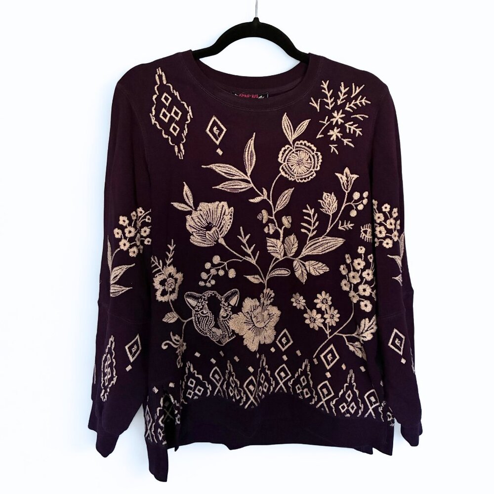 Johnny Was Purple Embroidered Crewneck Sweatshirt Size S